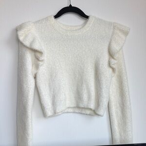 Cream Fuzzy Crop Ruffled Sweater